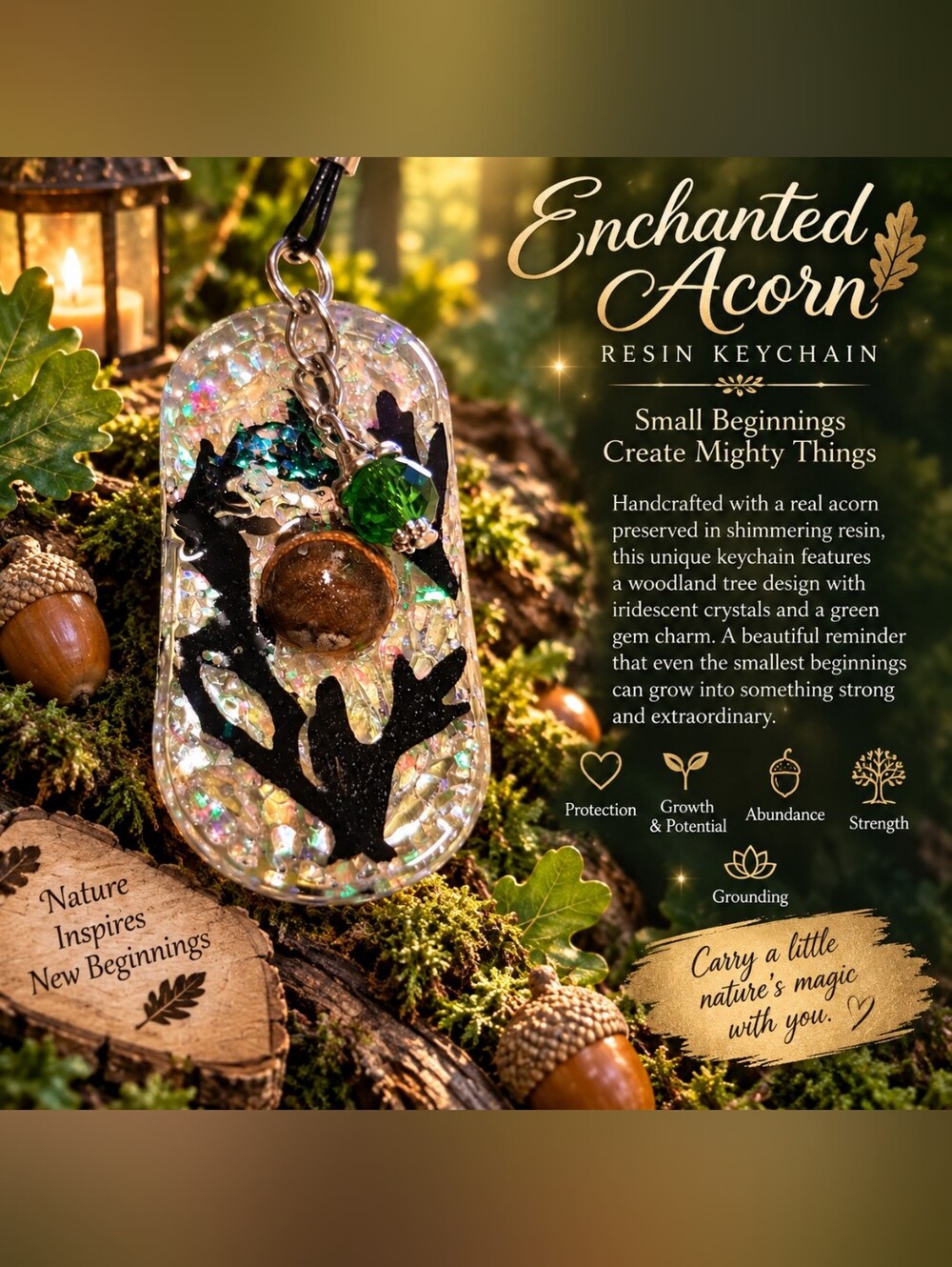 Enchanted Acorn Resin Keychain - Green & Iridescent